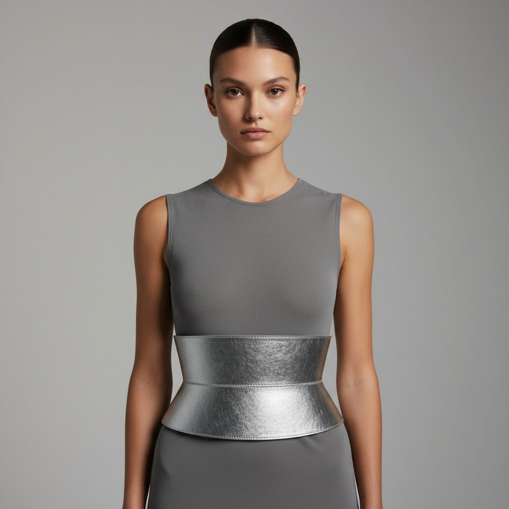 Aria Margo wide silver metallic leather corset belt with an hourglass silhouette worn over a grey dress