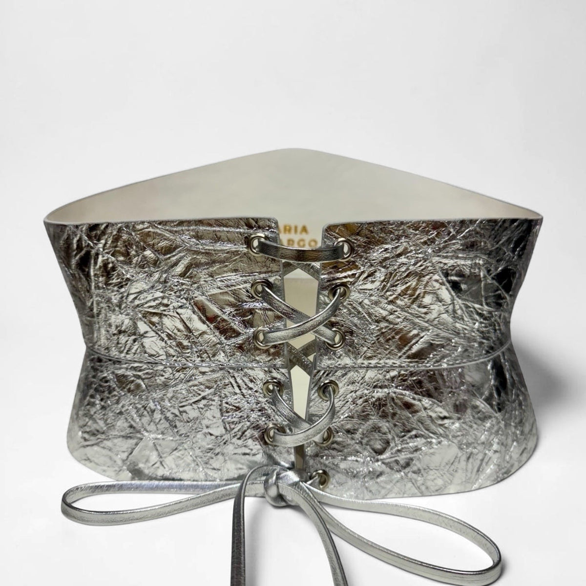 Aria Margo silver metallic Italian leather corset belt with satin lace-up back and hourglass silhouette