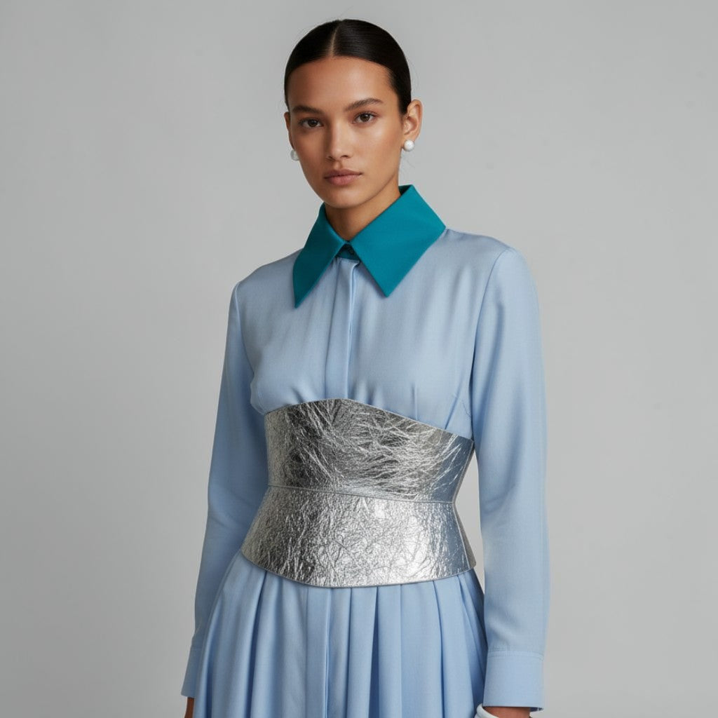 Aria Margo silver Italian leather corset belt with a metallic finish worn over a light blue dress