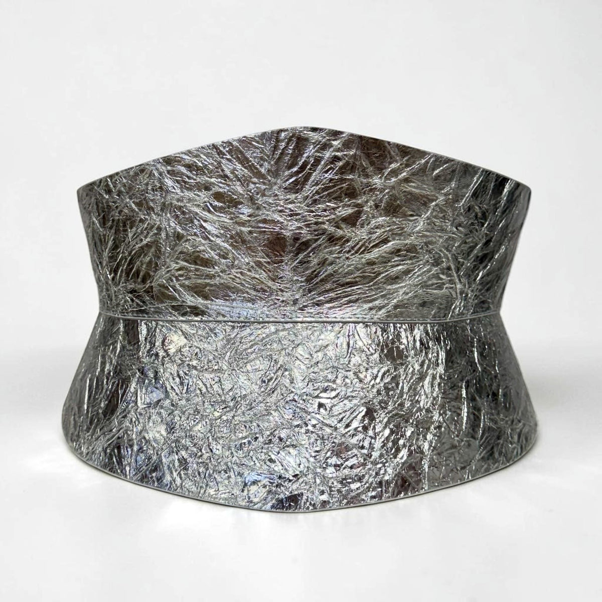 Aria Margo silver metallic Italian leather corset belt with a textured finish and structured hourglass shape.