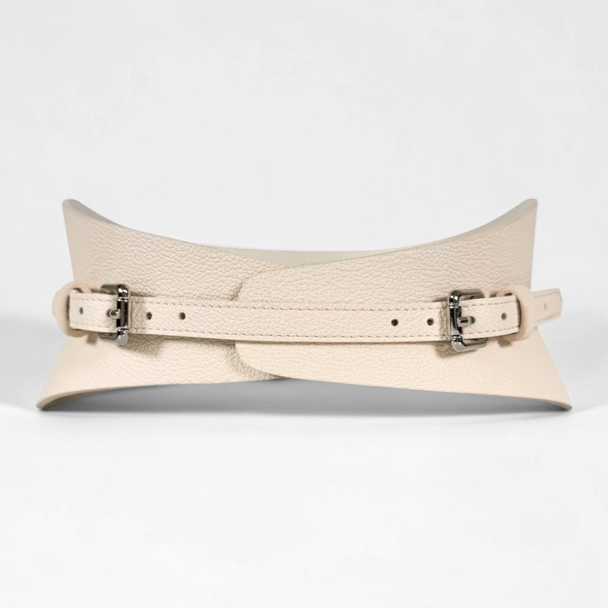 Aria Margo slim beige Italian leather corset belt with dual silver buckles and textured finish.