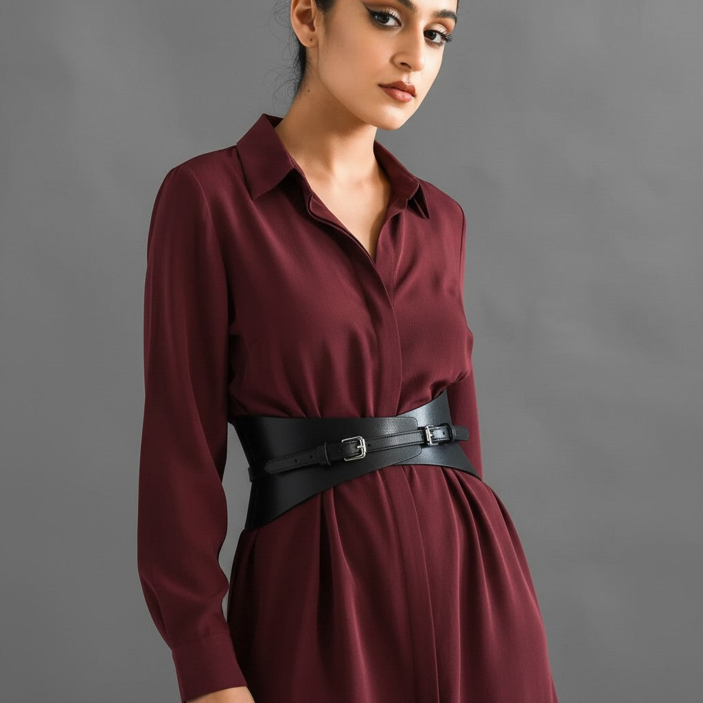 Aria Margo slim black leather corset belt worn over a burgundy long-sleeve shirt to define the waist.