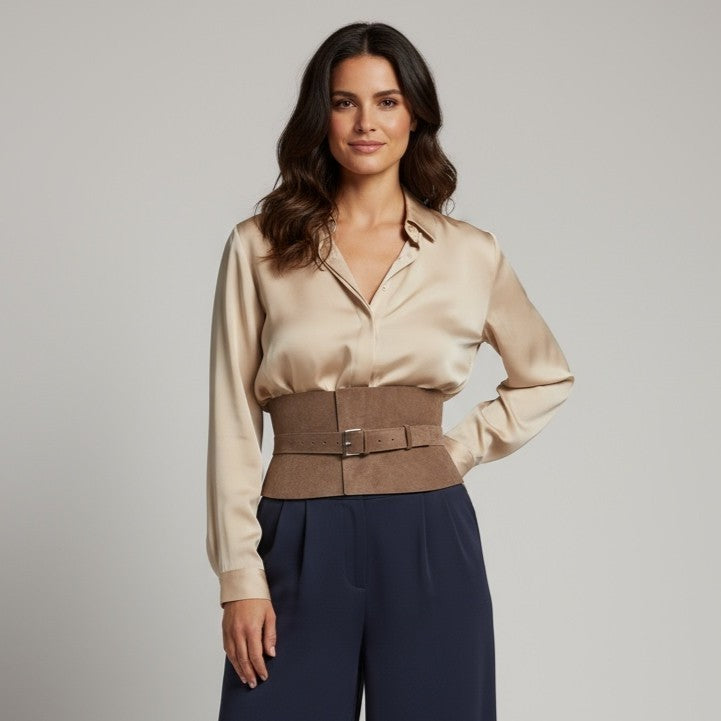 Aria Margo wide taupe suede corset belt worn over a beige silk blouse and navy trousers for a defined waist.