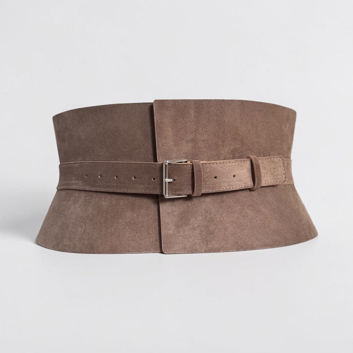 Aria Margo wide taupe suede leather corset belt with an adjustable buckle, featuring a structured hourglass shape.