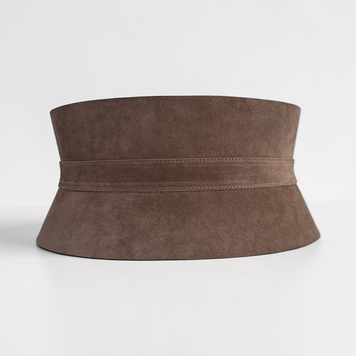 Aria Margo wide taupe suede leather corset belt with a structured hourglass silhouette and smooth finish.