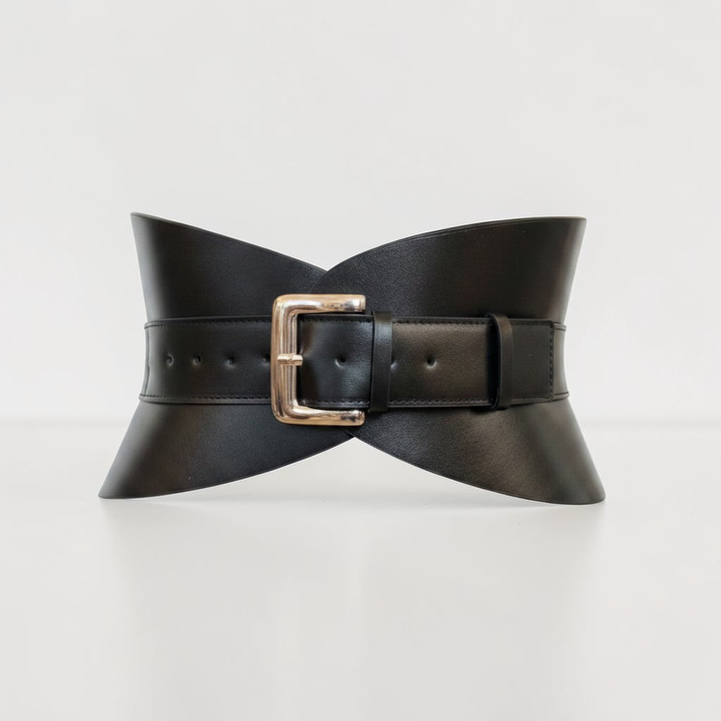 Aria Margo Test black Italian leather hourglass corset belt with a silver buckle, shown from the front.