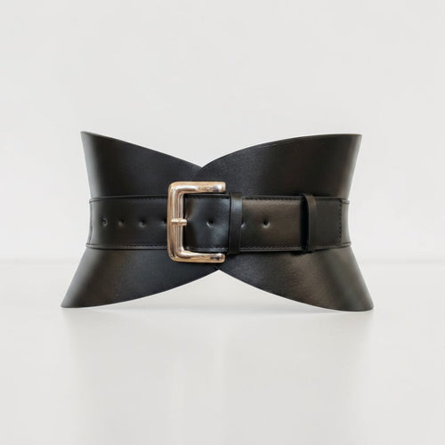 Aria Margo Test black Italian leather hourglass corset belt with a silver buckle, shown from the front.