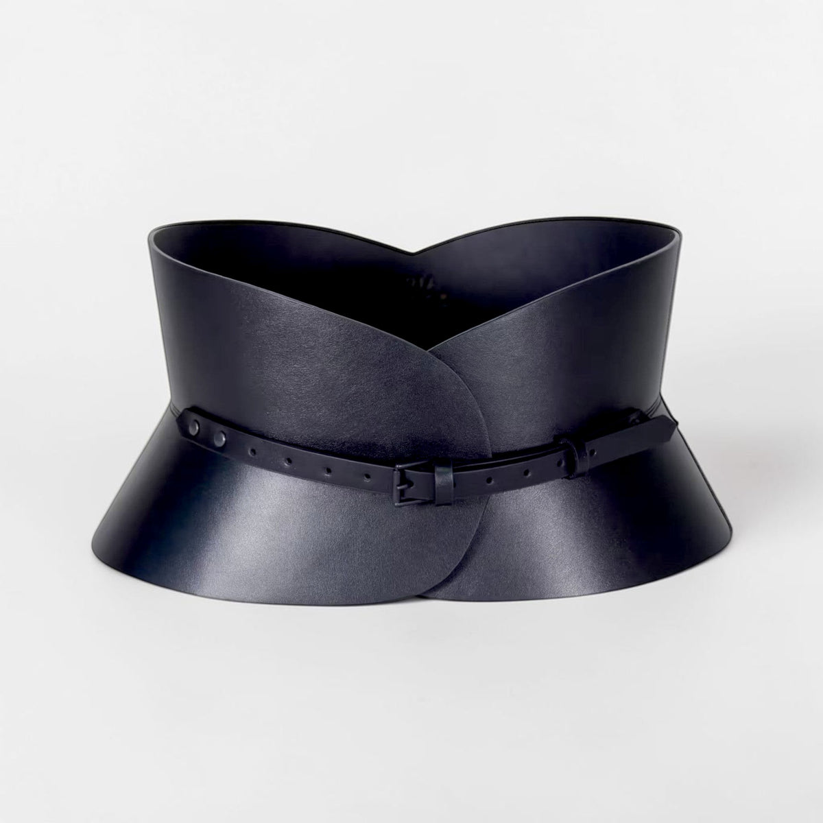 Aria Margo Test black Italian leather hourglass corset belt with a slim 1 cm buckle for a structured waist silhouette.