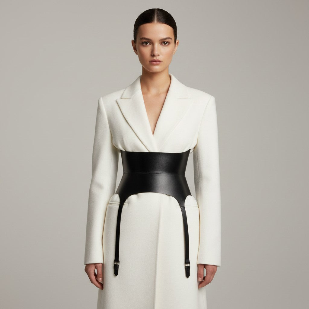Aria Margo Test black leather corset belt with long garter straps worn over a structured white blazer