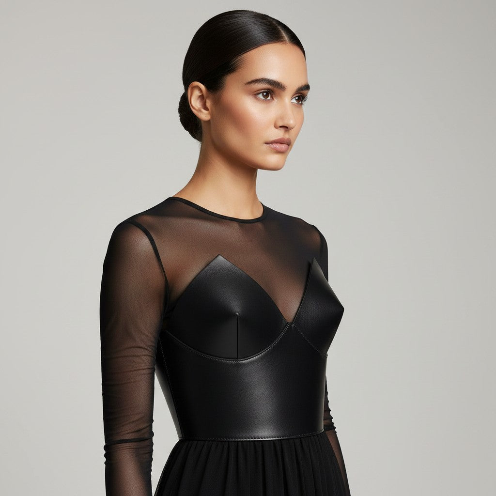 Aria Margo Test black leather over-bust corset worn over a sheer long-sleeve top, creating a structured silhouette.