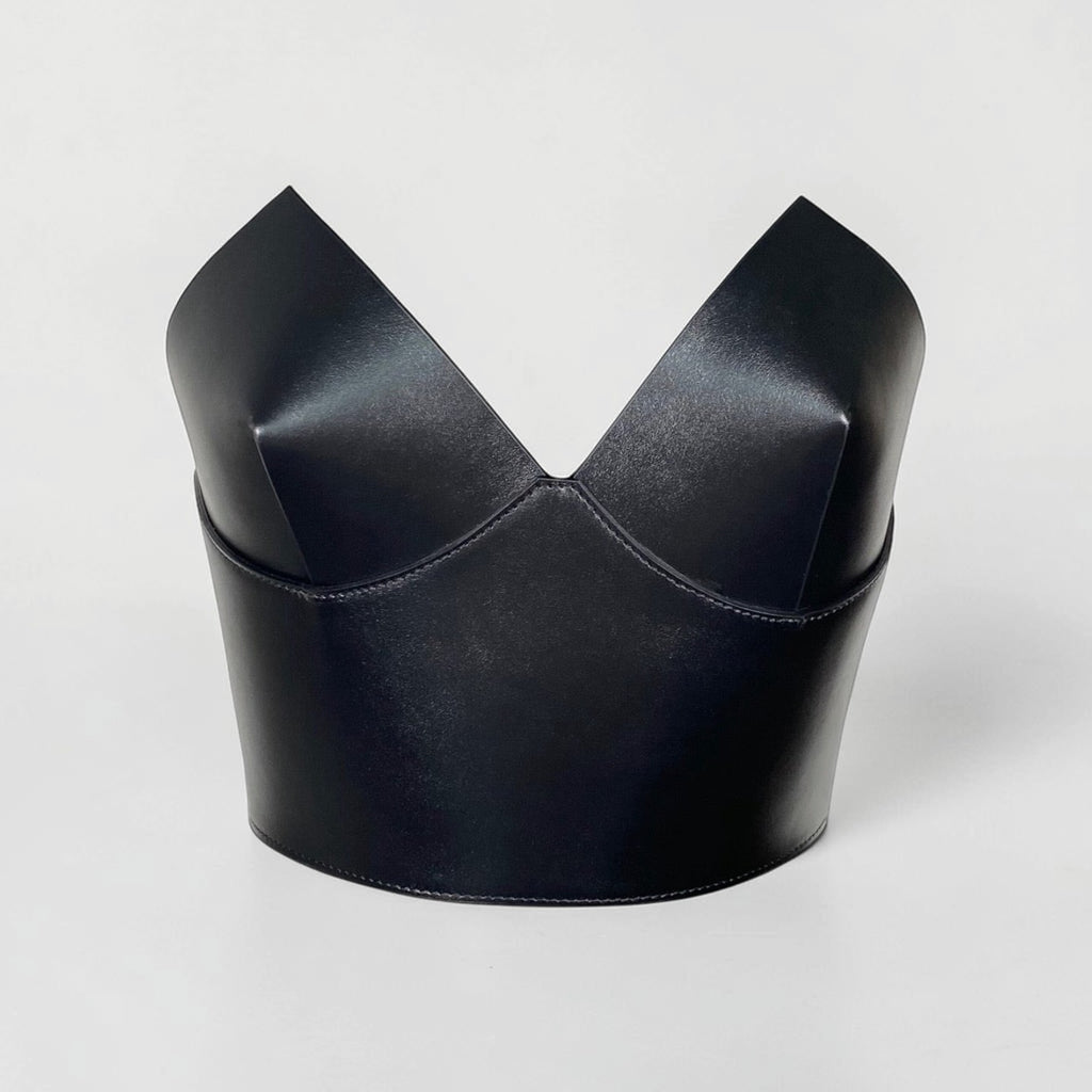 Aria Margo Test black Italian leather over-bust corset with a structured, modern silhouette and V-neckline.