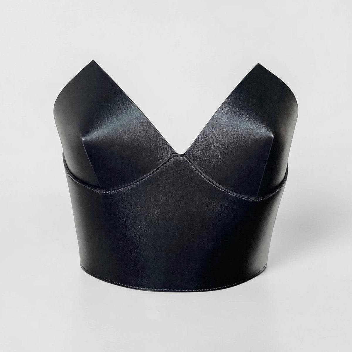 Aria Margo Test black Italian leather over-bust corset with a structured, modern silhouette and V-neckline.