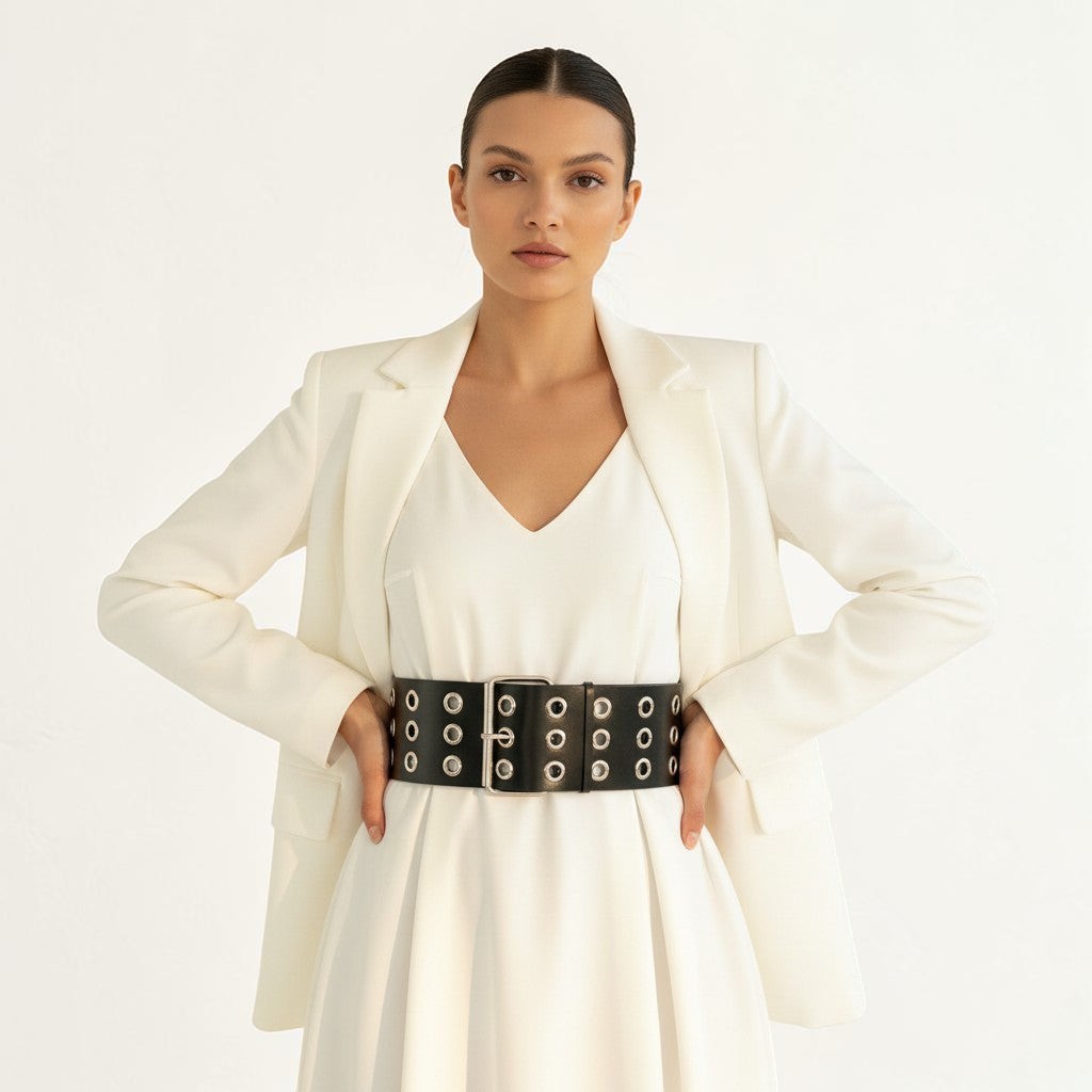 Aria Margo Test black leather belt with silver eyelets and double-prong buckle worn over a white dress and blazer