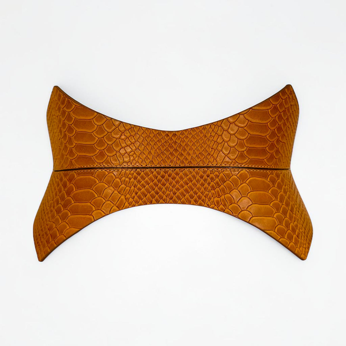 Aria Margo Test brown croc-embossed leather corset belt with a pointed silhouette for waist shaping.