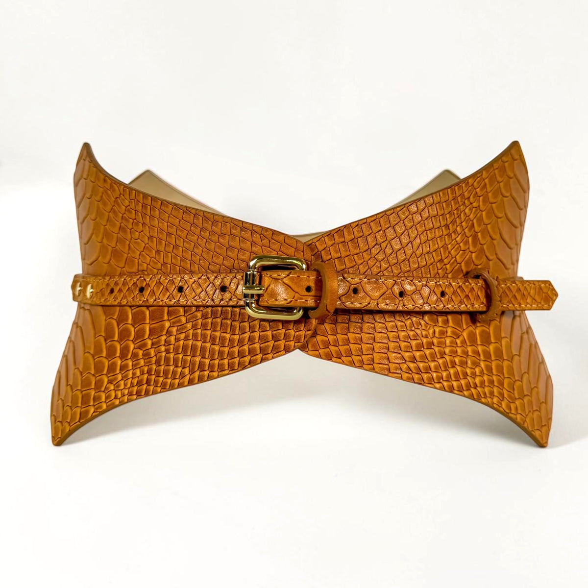 Aria Margo Test brown croc-embossed leather corset belt with a gold buckle and pointed silhouette.