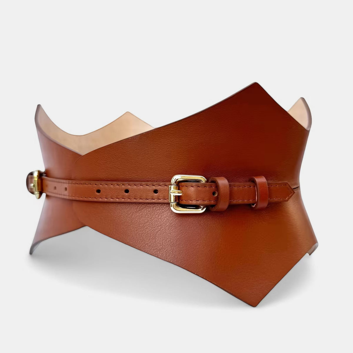 Aria Margo Test brown Italian leather corset belt with a pointed silhouette and gold-tone buckle closure