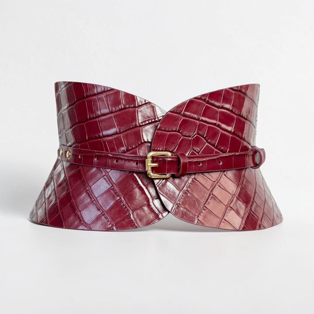 Aria Margo Test burgundy croc-embossed leather hourglass corset belt with a gold buckle on a white background.