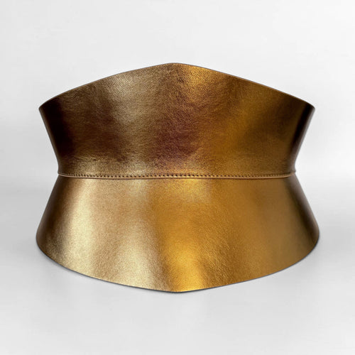 Aria Margo Test gold Italian leather corset belt with an hourglass silhouette and metallic finish.