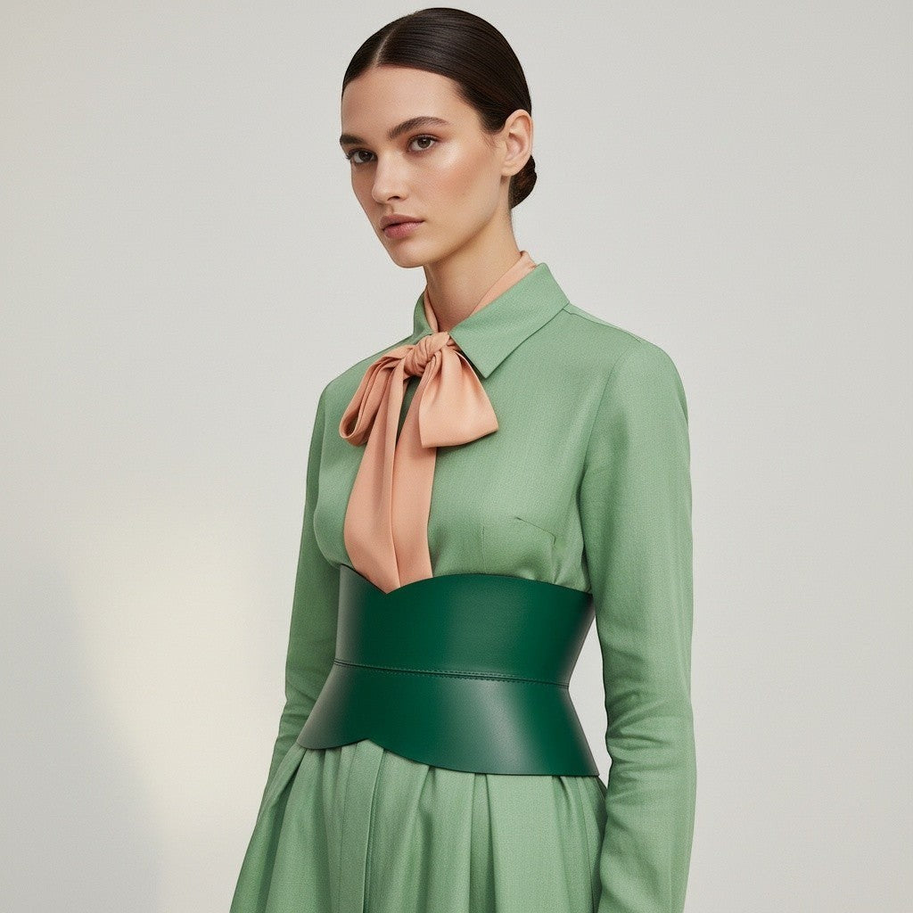 Aria Margo Test green Italian leather hourglass corset belt worn over a light green dress with a peach neck tie