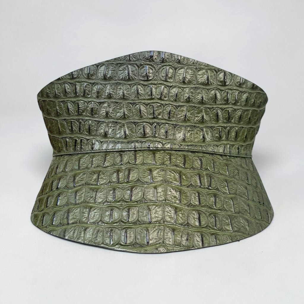 Aria Margo Test khaki green croc-embossed Italian leather corset belt with an hourglass silhouette.