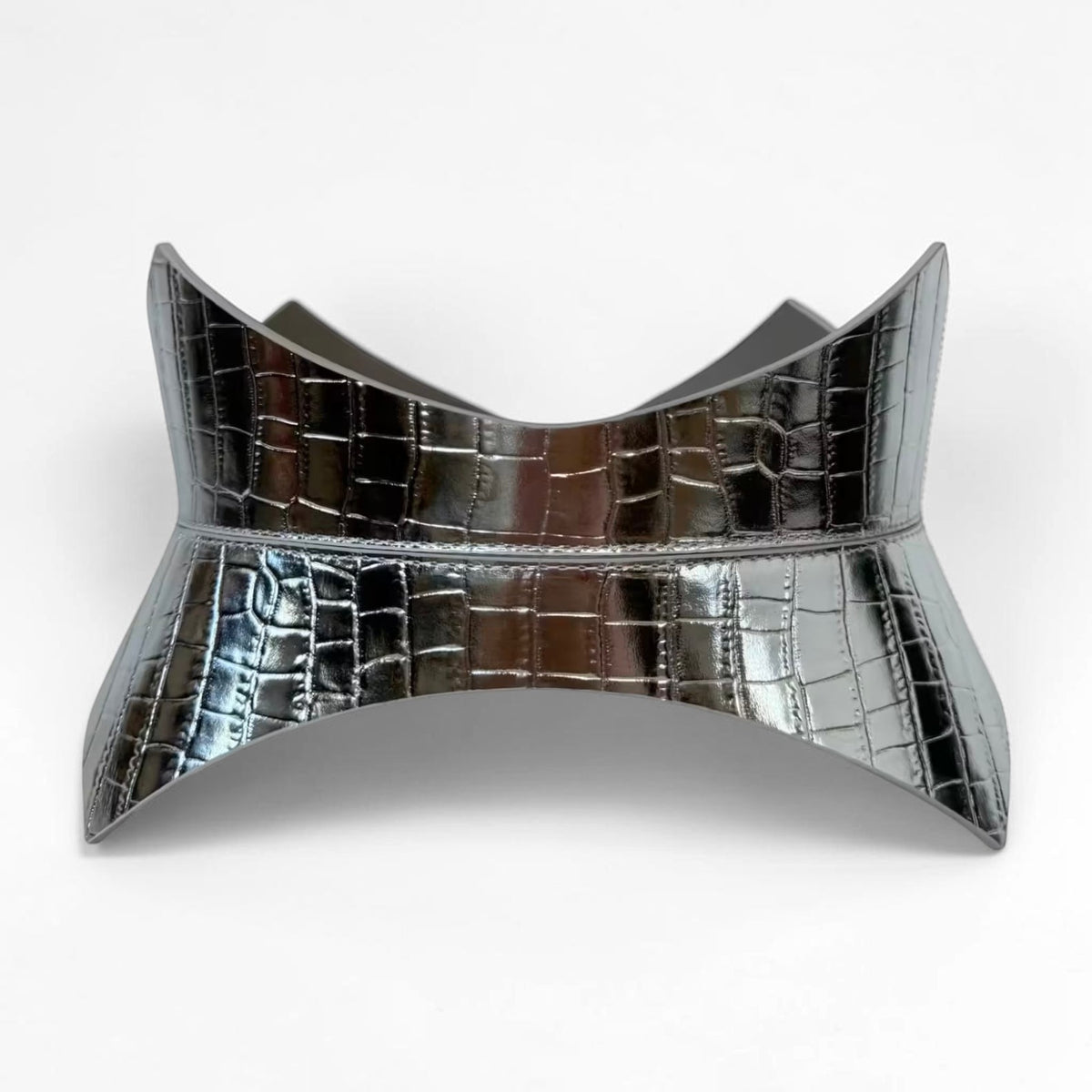 Aria Margo Test silver croc-embossed Italian leather corset belt with a pointed, structured waist-defining silhouette.