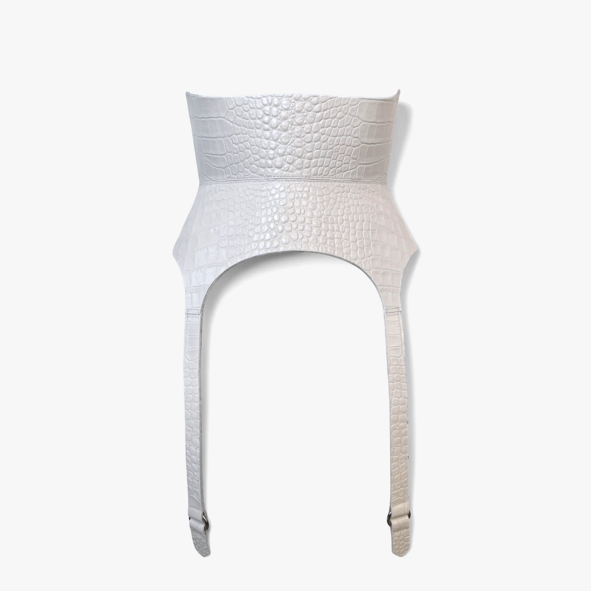 Aria Margo Test white croco leather corset belt with long garter straps and a structured hourglass silhouette.