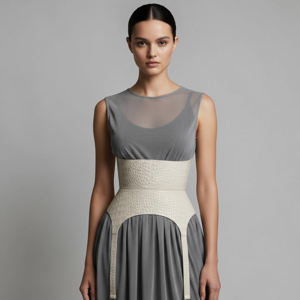 Aria Margo white croco leather corset belt with long garter straps worn over a grey dress for a defined waist.