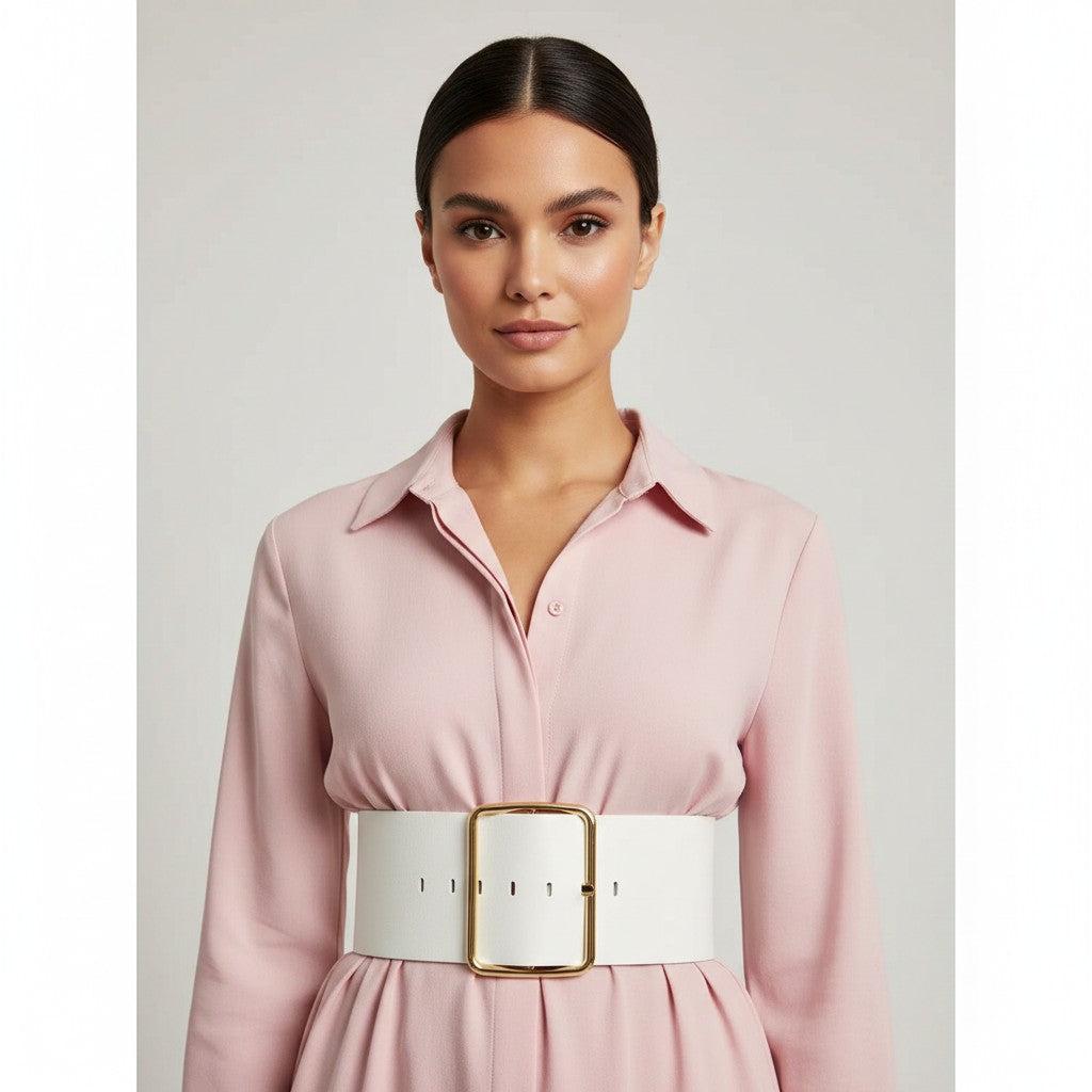 Aria Margo wide white leather belt with a gold-tone buckle worn over a light pink dress for a defined silhouette.
