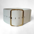 Aria Margo wide white Italian leather belt featuring a large gold-tone buckle for coats and dresses.