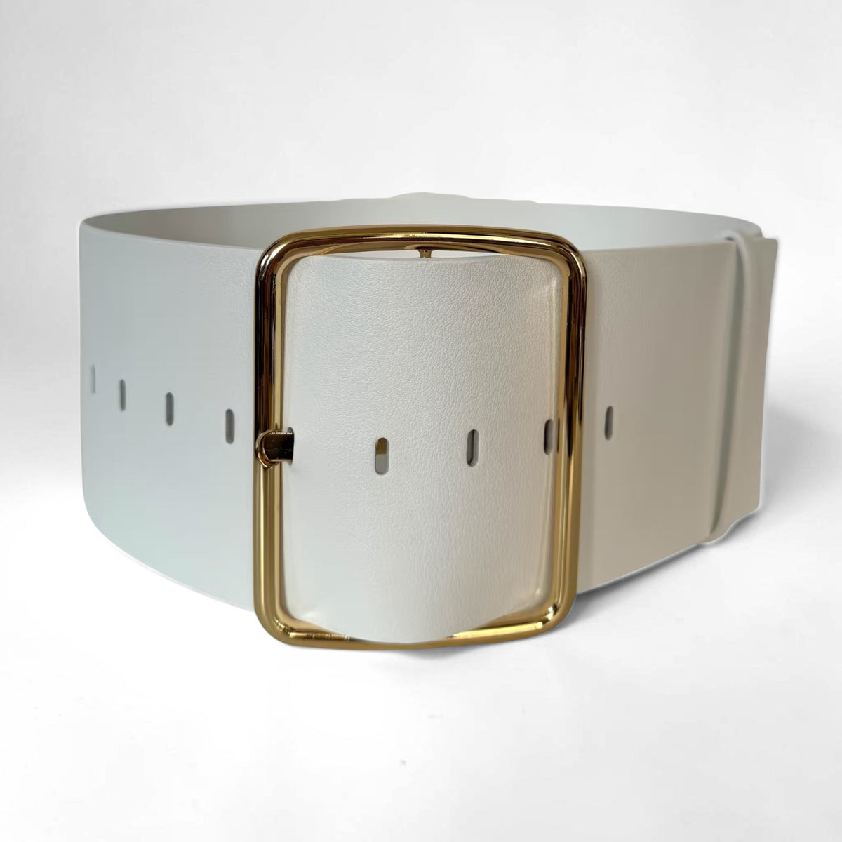 Aria Margo wide white Italian leather belt featuring a large gold-tone buckle for coats and dresses.
