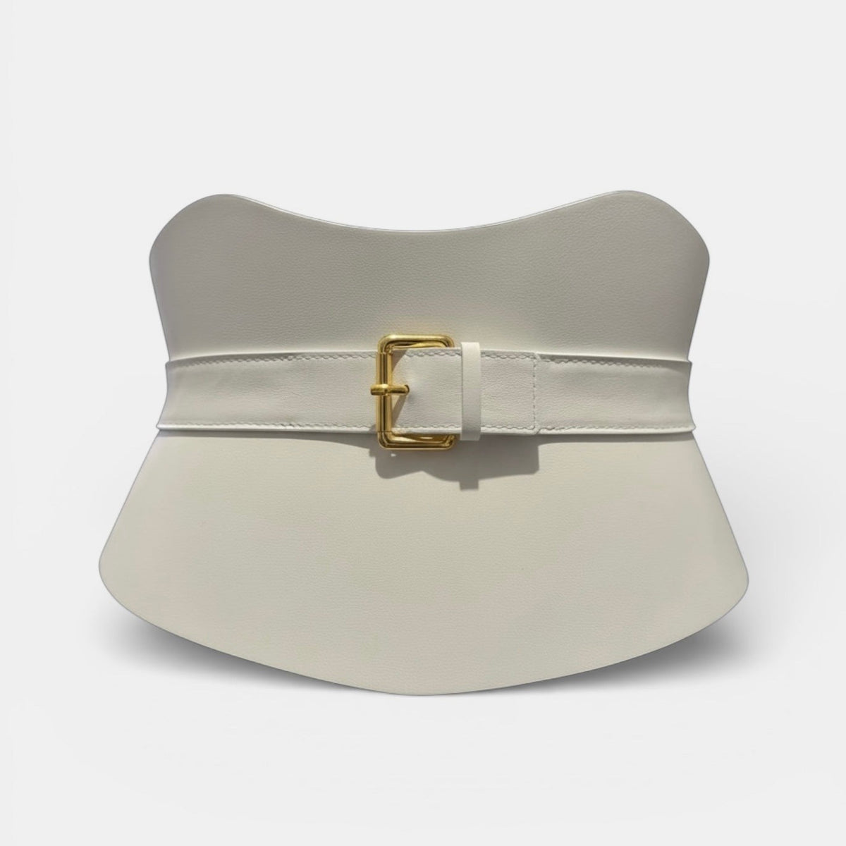 Aria Margo white leather corset belt with an hourglass shape and a polished gold-tone buckle.
