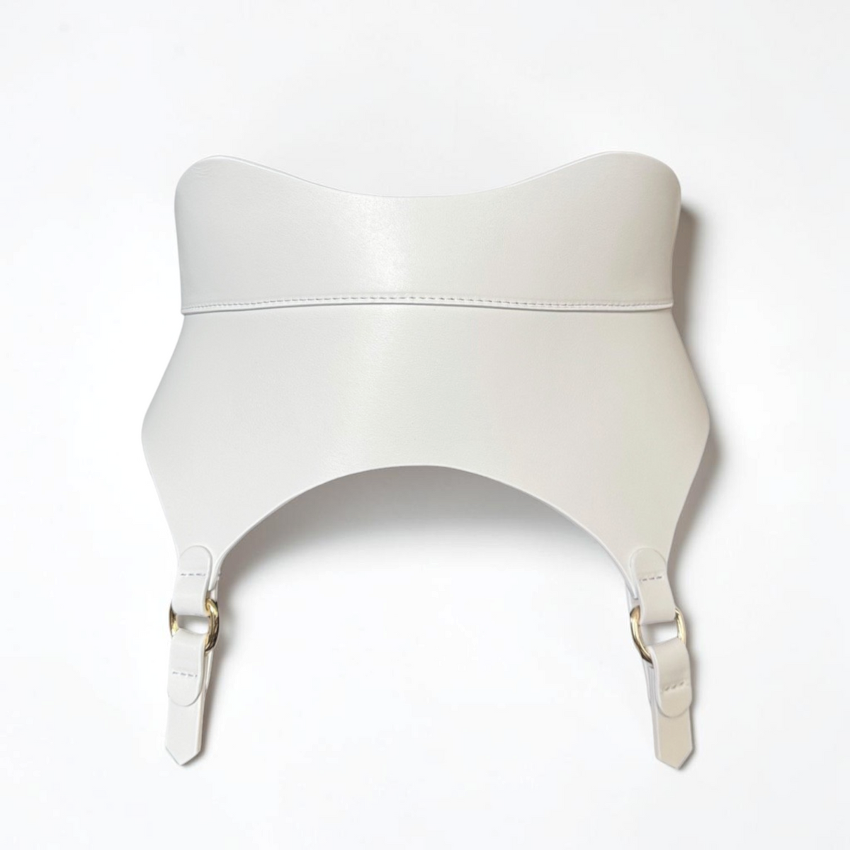Aria Margo white Italian leather corset belt with a wide waist-defining shape and two hanging garter straps.