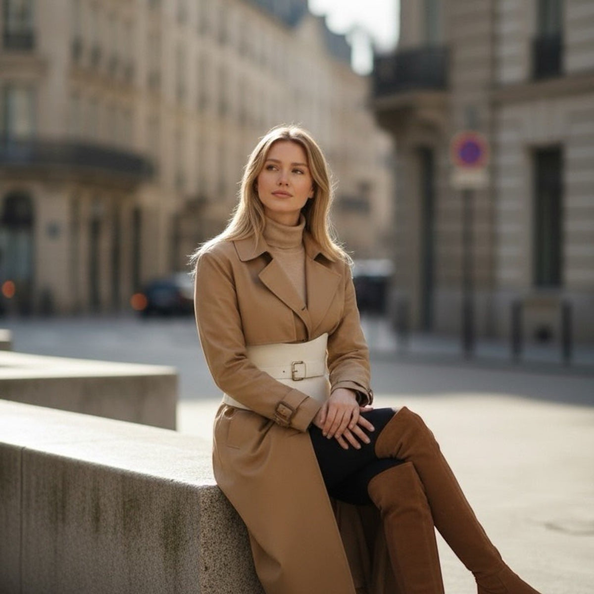Aria Margo white leather corset belt with gold buckles worn over a tan trench coat by a woman in a city street.