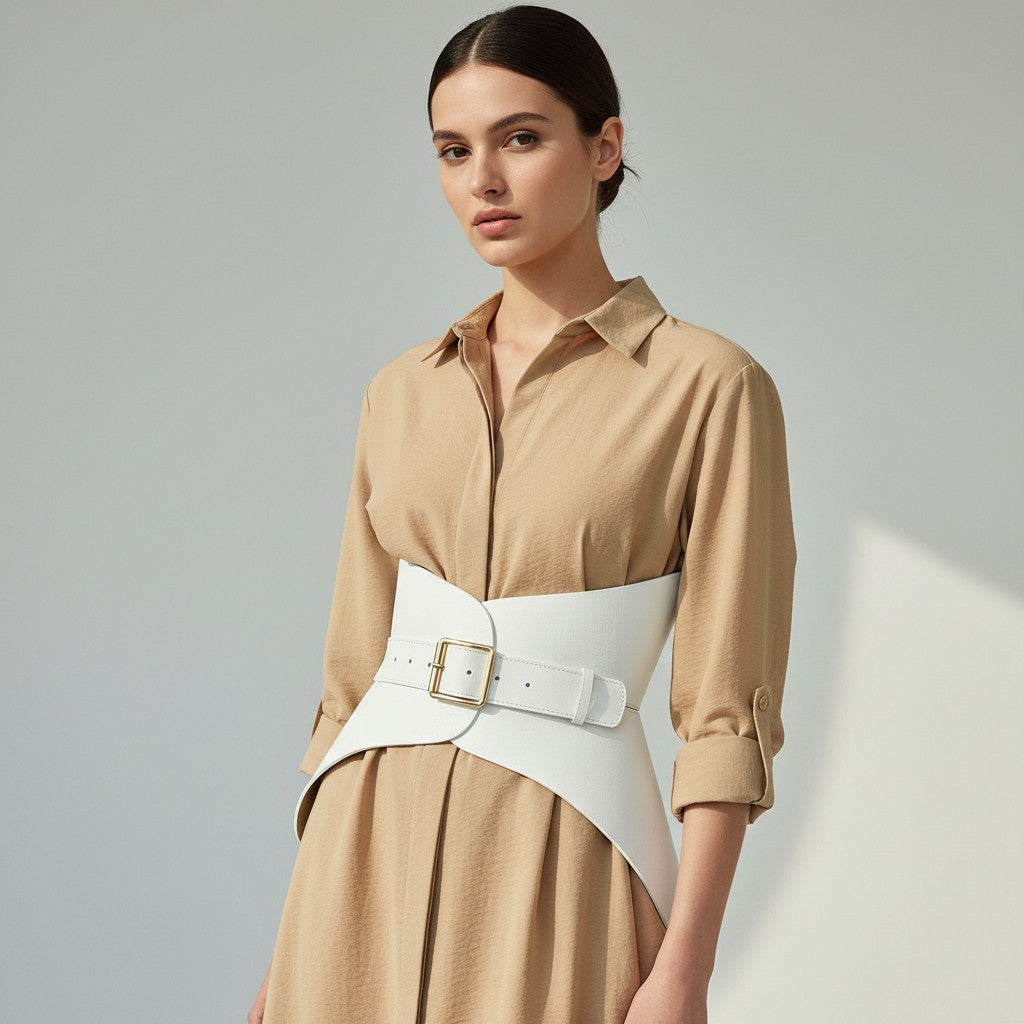Aria Margo white leather corset belt worn over a beige shirt dress to accentuate the waist and hips.