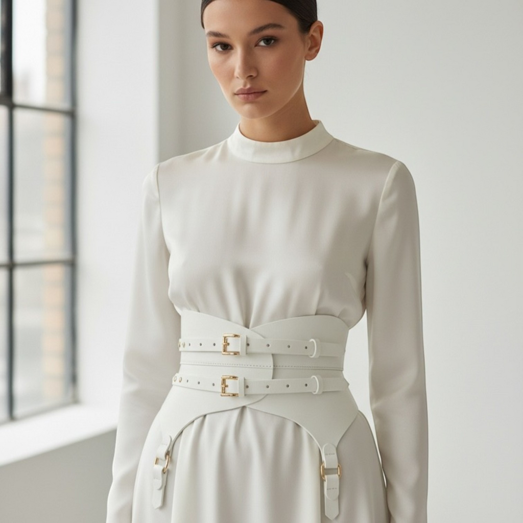 Aria Margo white leather corset belt with gold buckles and garter straps worn over a matching long-sleeve dress.