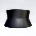 Aria Margo wide black Italian leather corset belt with an hourglass silhouette and neat edge stitching.