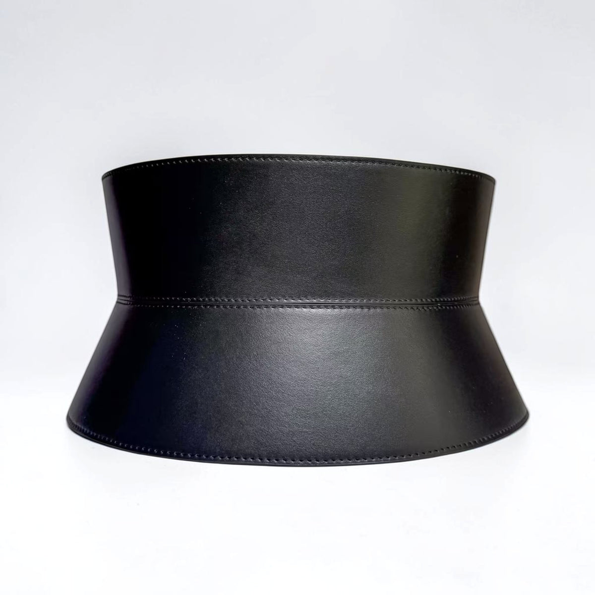 Aria Margo wide black Italian leather corset belt with an hourglass silhouette and neat edge stitching.