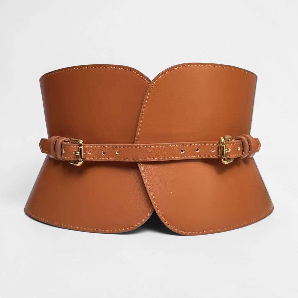 Aria Margo wide brown Italian leather corset belt with an hourglass silhouette and two adjustable gold buckles.