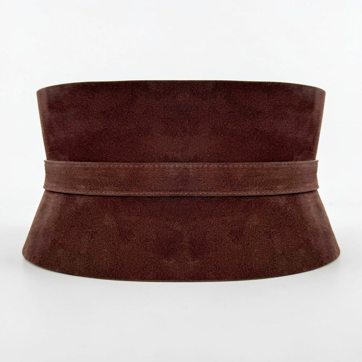 Aria Margo wide brown suede corset belt with a structured hourglass silhouette and smooth leather finish.