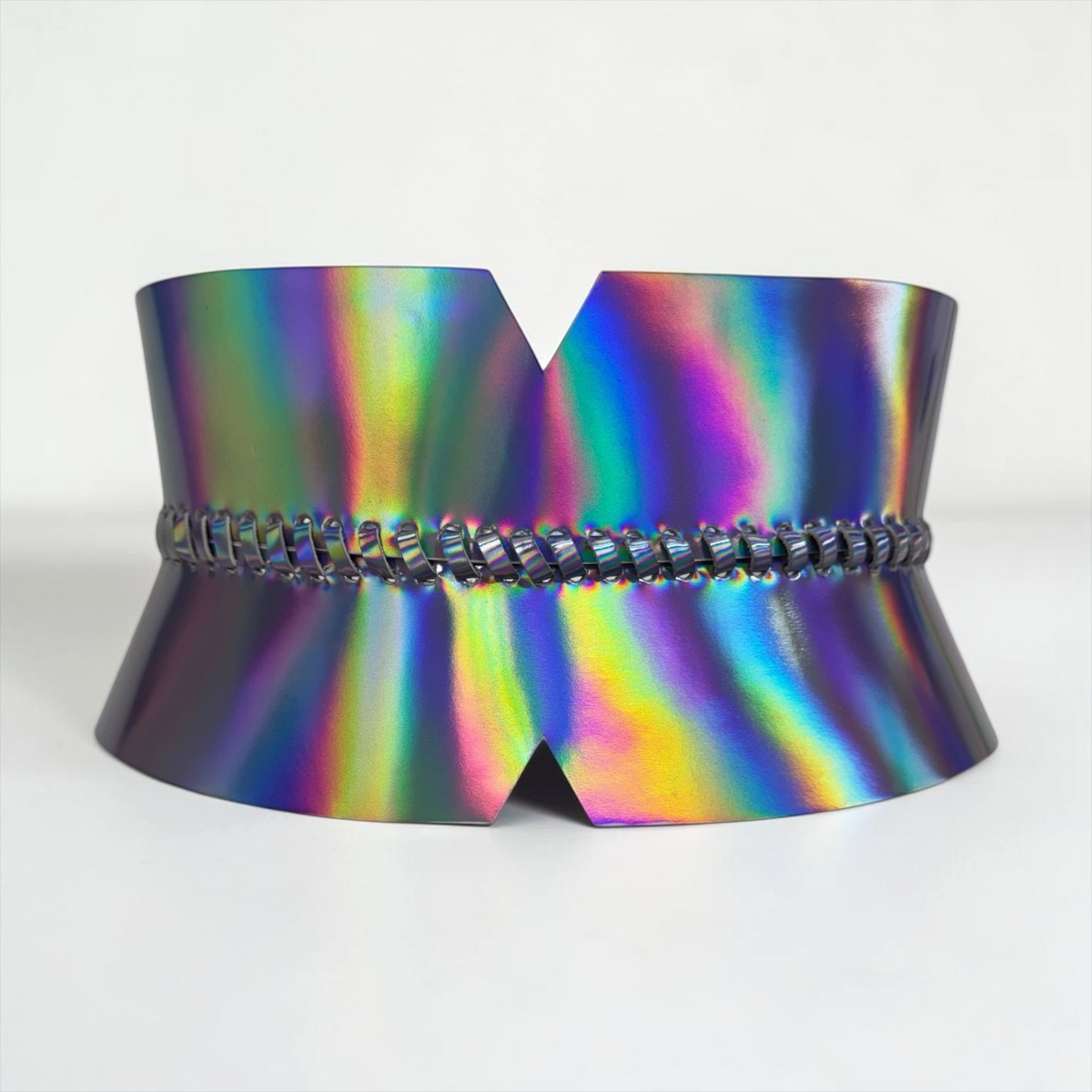 V-Cut Leather Laced Corset Belt - Holographic Silver