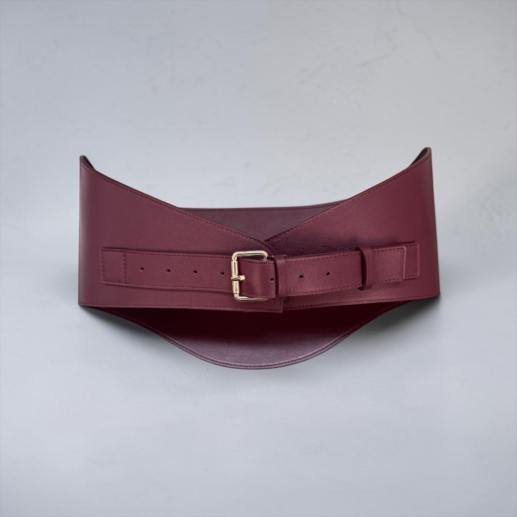 Round Under Bust Leather Corset Belt - Burgundy