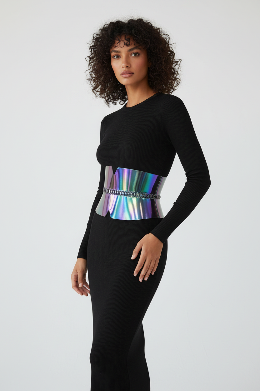 V-Cut Leather Laced Corset Belt - Holographic Silver