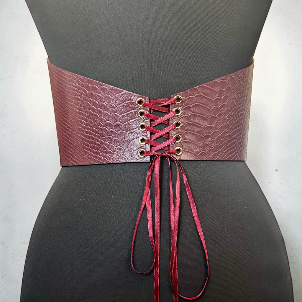 Round Under Bust Leather Corset Belt - Burgundy Croco