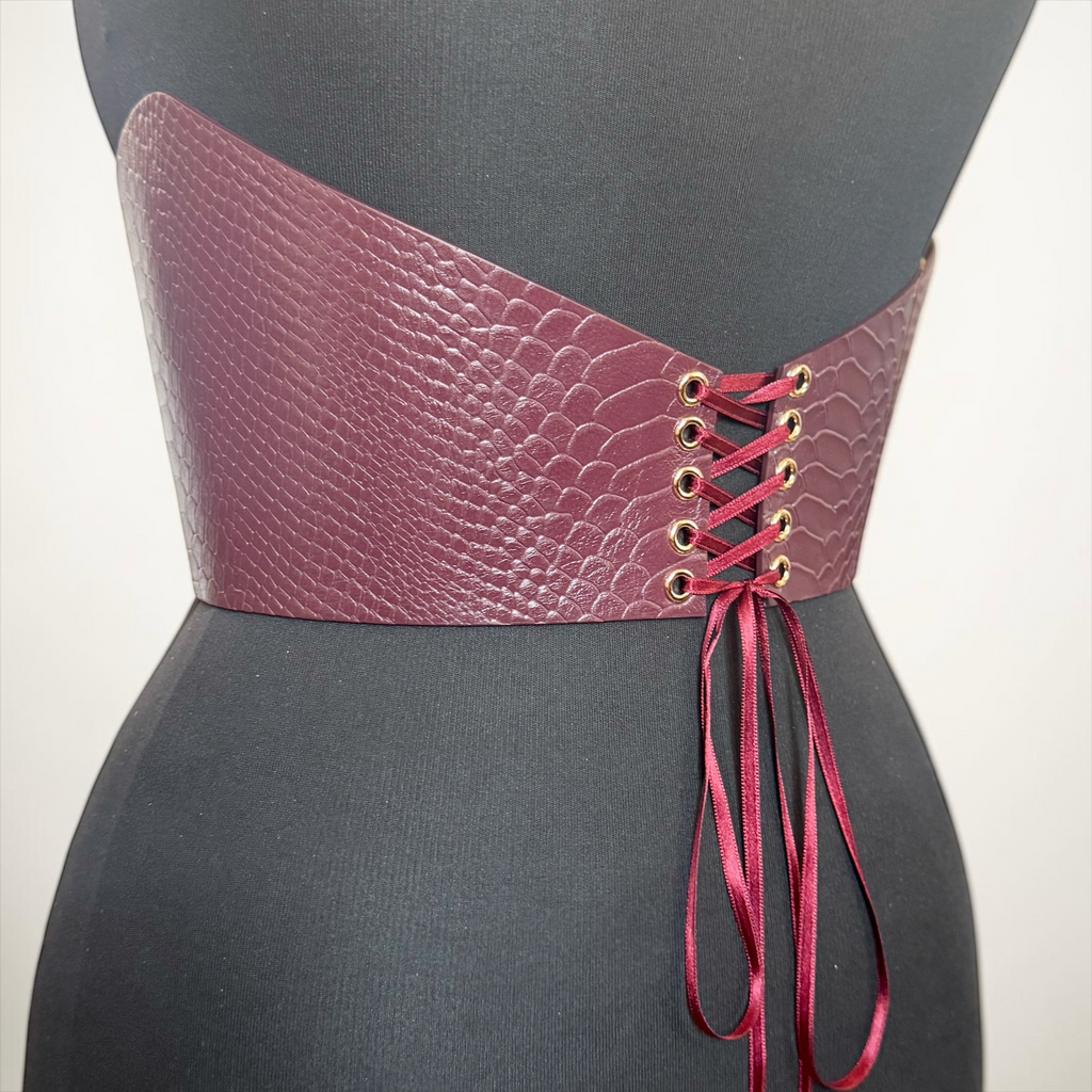Round Under Bust Leather Corset Belt - Burgundy Croco