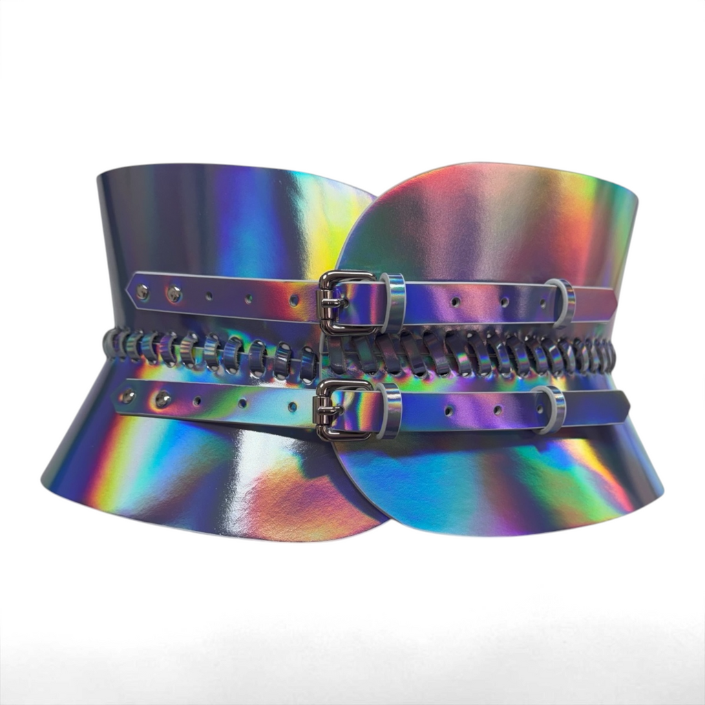 V-Cut Leather Laced Corset Belt - Holographic Silver