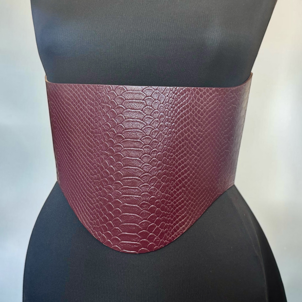 Round Under Bust Leather Corset Belt - Burgundy Croco