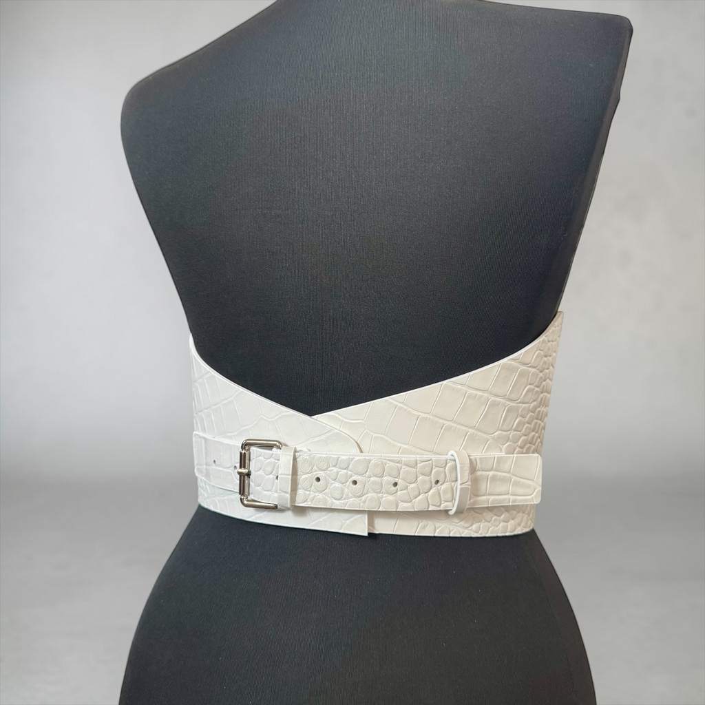Round Under Bust Leather Corset Belt - White Croco