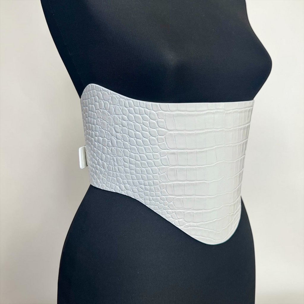 Round Under Bust Leather Corset Belt - White Croco