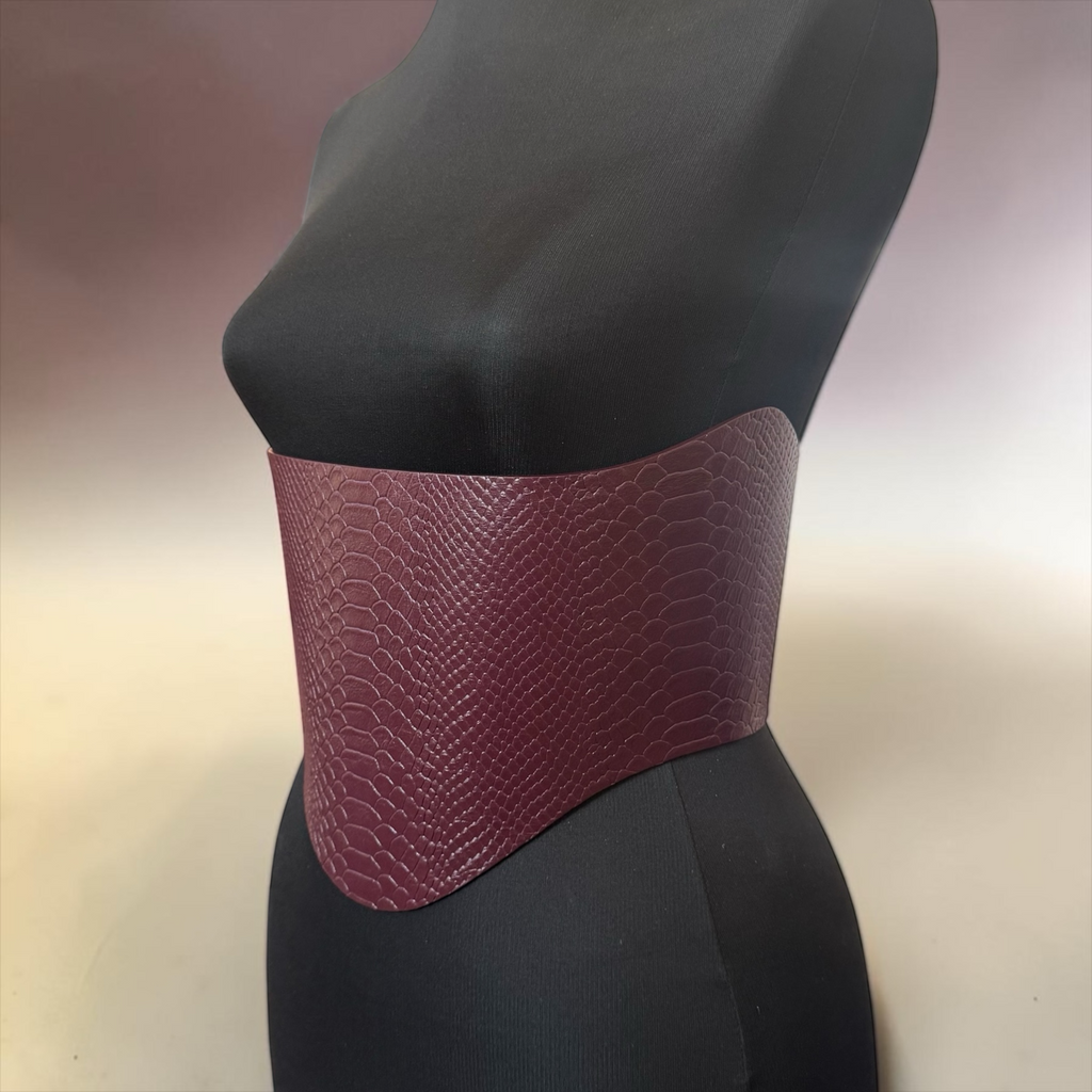 Round Under Bust Leather Corset Belt - Burgundy Croco